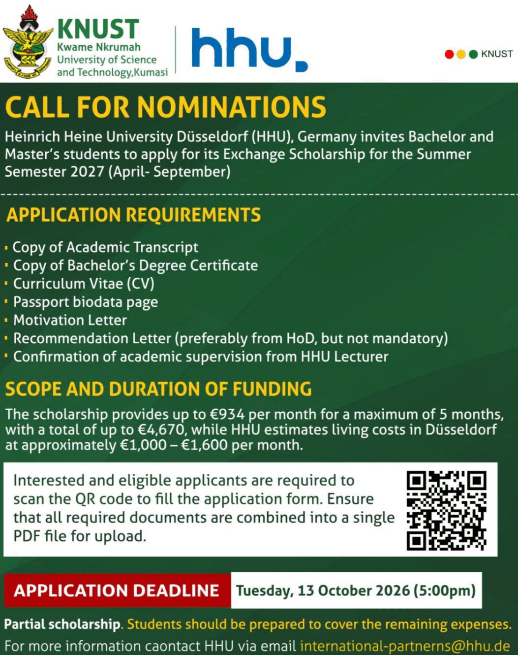 KNUST–Heinrich Heine University Düsseldorf Exchange Scholarship 2027: Apply for Up to €4,670 to Study in Germany