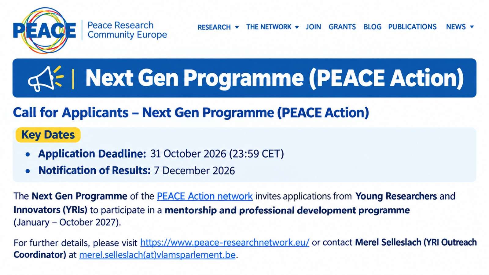 PEACE Action Next Gen Programme 2027: Apply for a Mentorship and Professional Development Opportunity for Young Researchers and Innovators in Peace and Conflict Research