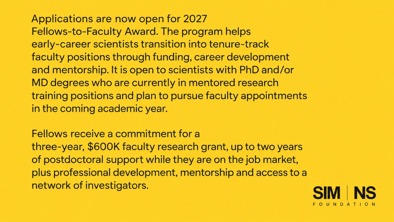 Simons Foundation 2027 Fellows-to-Faculty Award Program: $600,000 Research Grant and Postdoctoral Funding for Early-Career Scientists
